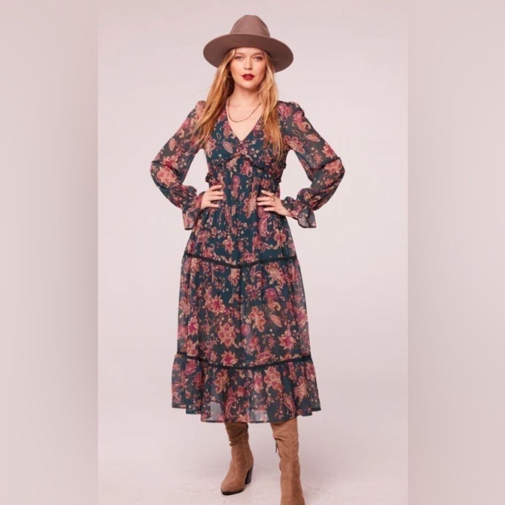 NWT Cowgirl Boho Cottagecore Prairie Pine Paisley Empire Waist MIDI Dress Size S - Picture 2 of 9